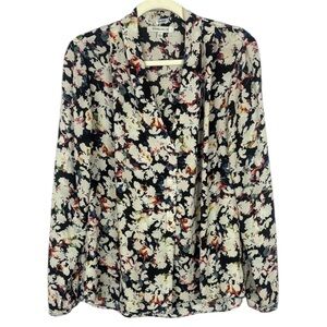 Rose & Olive Black & Cream Floral Buttoned Blouse with Notched Collar Size Large